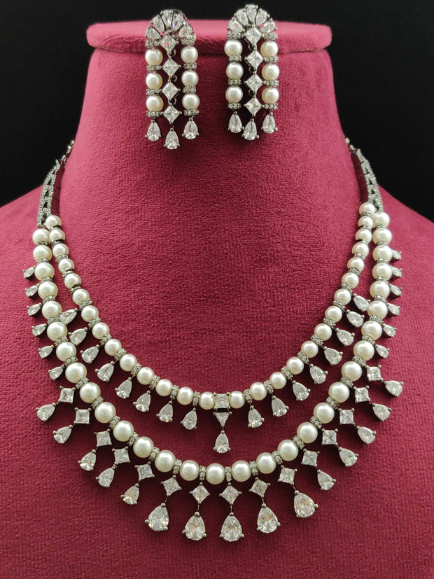 2 Layered Pearl American Diamond Necklace Set
