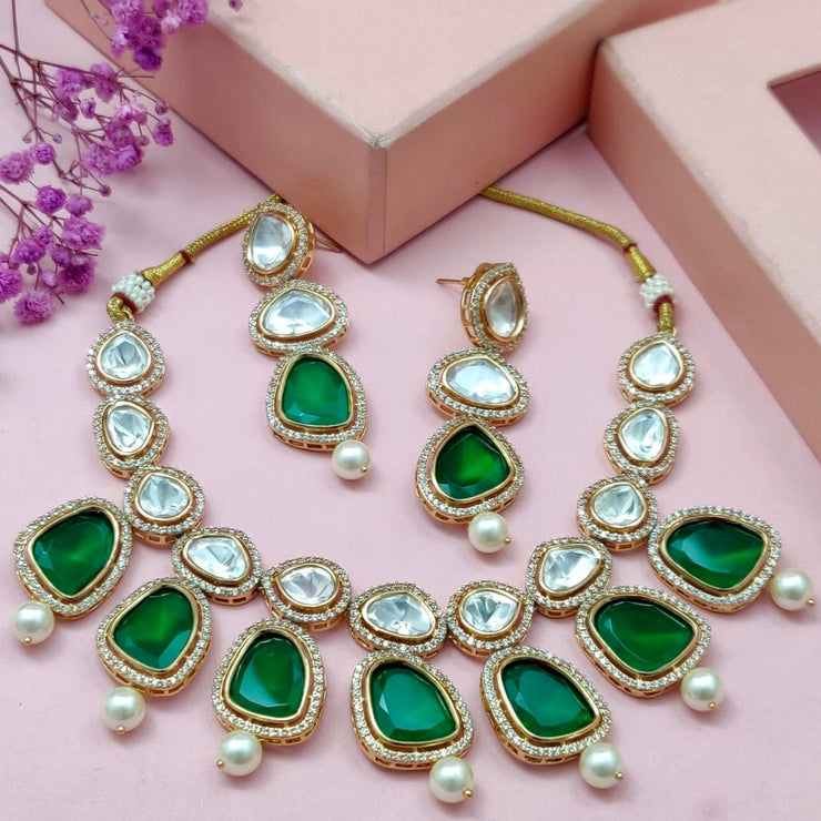 Uncut Kundan Necklace Set in Emerald